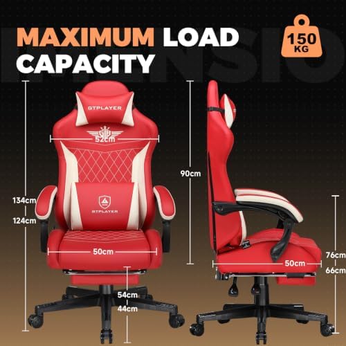 GTPLAYER Gaming Chair with Footrest, Ergonomic Office Chair 400lbs Heavy Duty, Big and Tall Computer Desk Chair with Lumbar Support and Headrest, Faux Leather 90-155° Recline Red