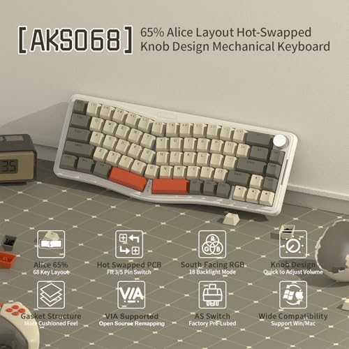 ATTACK SHARK AKS068 Wired Mechanical Gaming Keyboard 65% Alice Layout-Gray