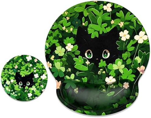 ITNRSIIET Ergonomic Mouse Pad with Wrist Support Wrist Rest Smooth Surface Non-Slip Rubber Base Comfortable Office Supplies Pain Relief, 9.8 x 9.1 inches, Green Leave Cat
