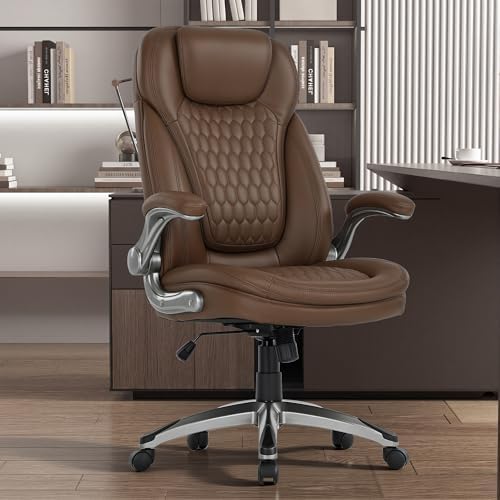 COLAMY High Back Executive Office Chairs Set of 2, Ergonomic PU Leather Desk Chairs with Flip-Up Armrests, Adjustable Height, Lumbar Support, Comfortable Computer Chairs for Home Office, Brown