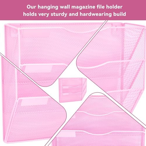 3 Pockets Mesh Wall File Holder Organizer Office Hanging File Folder Magazine Rack, Nametag Label Hooks Set Included (Pink)