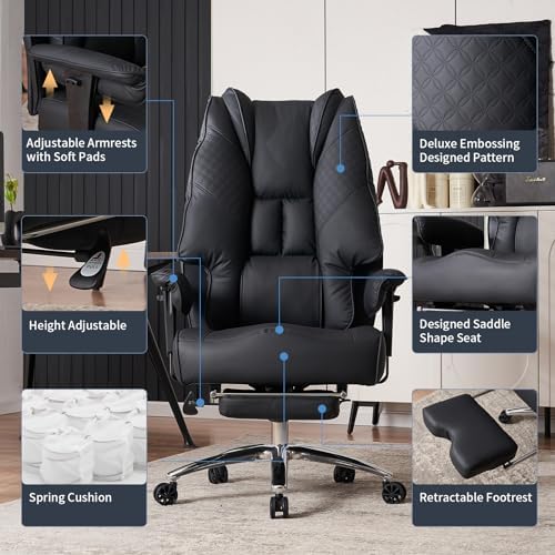 EXCEBET Big and Tall Office Chair 400lbs Wide Seat, Leather High Back Executive Office Chair with Foot Rest, Ergonomic Chairs Lumbar Support for Lower Back Pain Relief (Black)