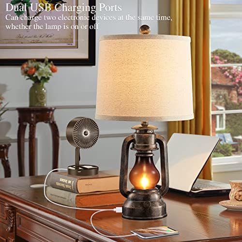 Farmhouse Lantern Table Lamps for Living Room Set of 2 with USB C+A