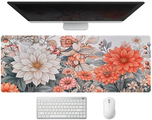 Extended Minimalist Flowers Desk Mat, XL Large Gaming Mouse Pad, Aesthetic Florals Stitched Edges Waterproof with Non-Slip Rubber Base for Computer Keyboard Laptop Work Home Office 31.5"x11.8"