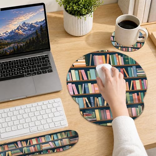 Bookshelf Ergonomic Keyboard and Mouse Wrist Rest Set, Library Book Mouse Pad with Non Slip Base, Soft Cloth Surface for Office and Home Typing Support