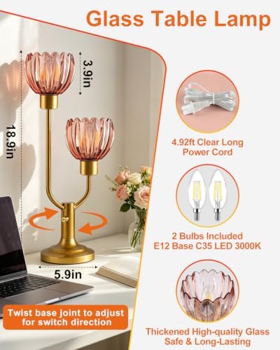 Lightdot Flower Table Lamp Dimmable Vintage Pink Glass Lamp Bulbs Included