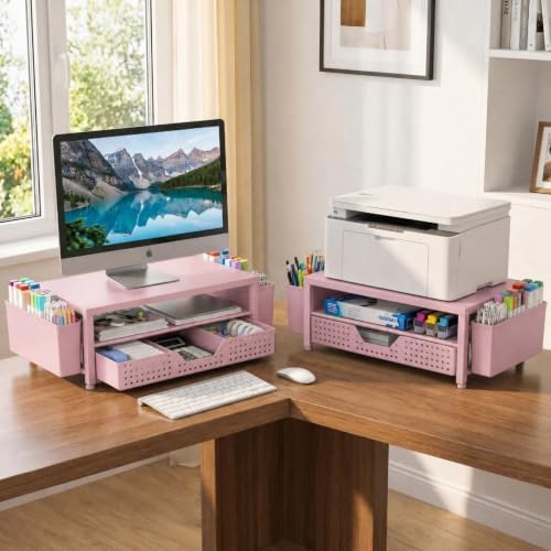 ECOLOVI Desk Organizer and Accessories, 2-Tier Computer Monitor Stand Rise with Storage Drawer & 2 Pen Holders, Laptop & Printer Stand for Desktop, Workspace Organizers for Office Supplies (Pink)