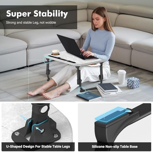 Lap Desk for Bed Adjustable Height, Foldable Bed Table with Storage Drawer, Tablet Slot & Cup Holder, Portable Laptop Stand for Bed & Sofa, Bed Desk for Adults & Kids, Light Stone Color