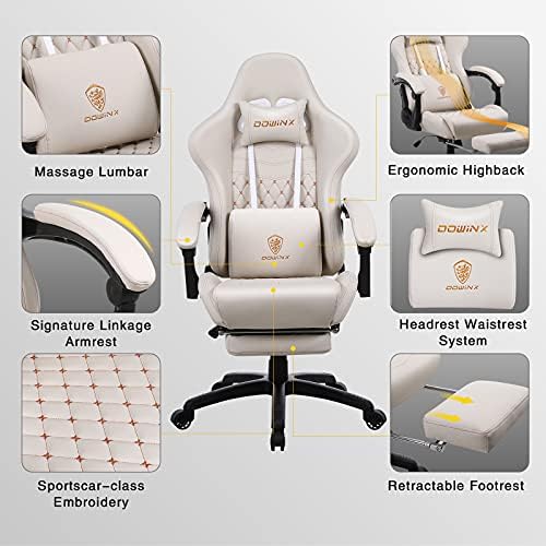 Dowinx Gaming Chair Big and Tall, Ergonomic Game Chair for Adults with Footrest and Massage Lumbar Support, High Back Computer Gamer Chair PU Leather, 350Lbs, for Office, Home, Ivory