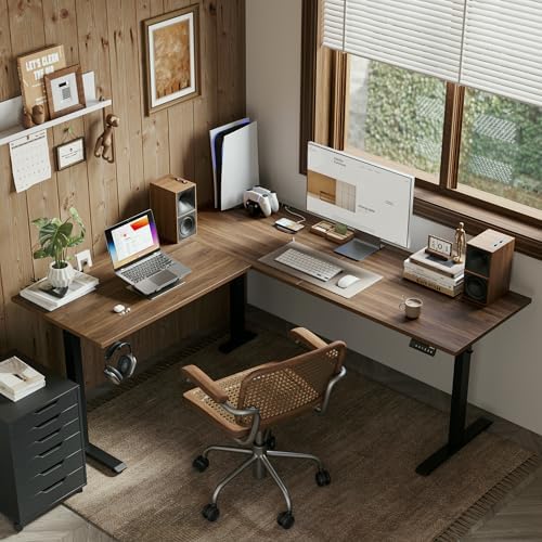Agilestic 63 x 55 Inch L Shaped Electric Standing Desk, Dark Walnut