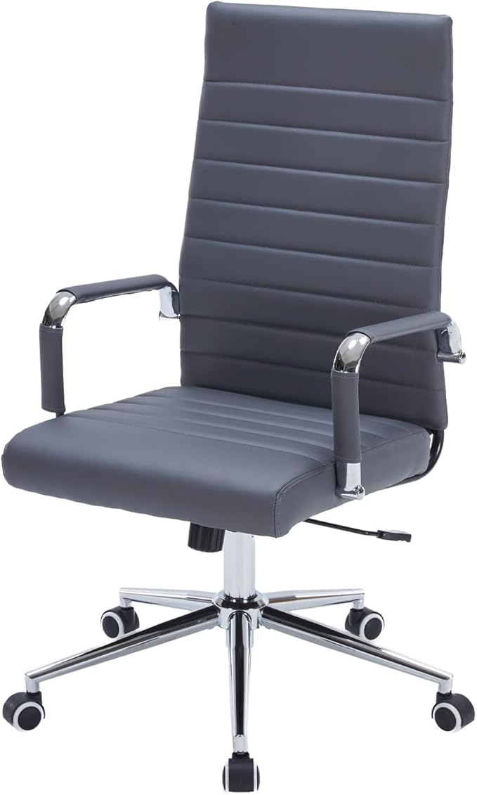Grey Leather Ribbed Office Desk Chair, Ergonomic High-Back Executive Conference Room Chairs with Wheels, Adjustable Swivel Computer Task Chair with Arms and Thick Padded Seat