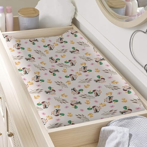 Cartoon Mallard Duck Flowers Floral Leaves Baby Changing Pad Cover, Unisex Duck Nursery Diaper Changing Table Pad Mat Sheet for Boys Girls-16x32