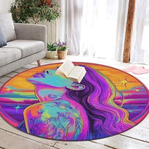 Large Round Area Rug Home Decor Modern Bathroom Rug Kitchen Office Circle Rug for Living Room Sofa Circle Cute Mat Trippy Cool Girl Art, 36inch