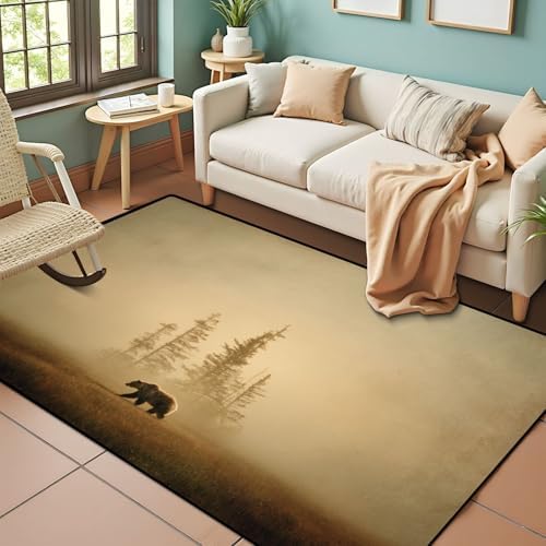 Solitary Bear Amidst Autumn Pine Trees Soft Earth Tones Area Rug Outdoor Patio Rug Play Mat Modern Floor Carpet Non-Slip Home Decor Living Room Kids Bedroom Nursery, 3x5 ft