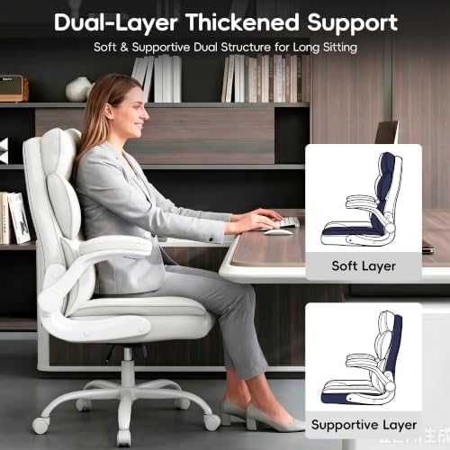 Vonesse Office Chair, Desk Chair with Flip-up Armrests, Gaming Chair with Double-Layered Soft Backrest,PU Leather Computer Executive Chair with Breathable Seat Cushion (White)