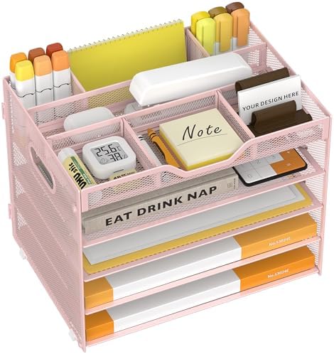 5 Tier Paper Letter Tray Desk Organizer with Pen Holders - Pink