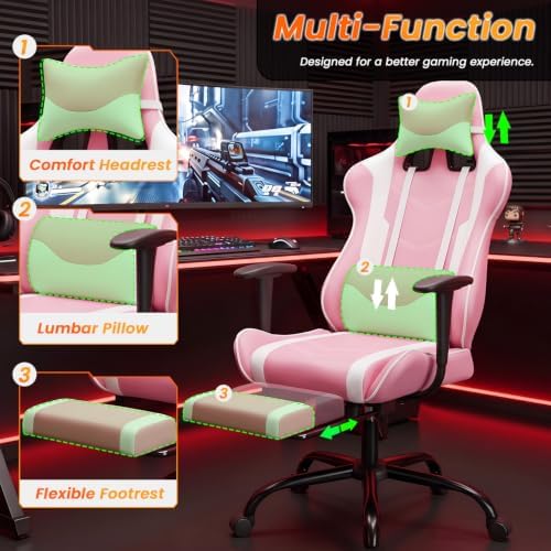 BestOffice Women's Pink Faux Leather PC Gaming Chair with Lumbar Support, Swivel and Adjustable Armrests