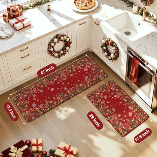 KIMODE Christmas Decor Kitchen Mats for Floor Anti Fatigue, Boho Vintage Kitchen Rugs Sets of 2, Cushioned Kitchen Floor Mats, Comfort Standing Mat for Sink Laundry Office Desk 17"x47"+17"x29" Red
