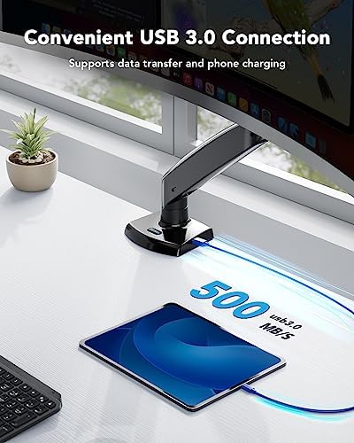 HUANUO Single Monitor Arm for 13-49 inch Screens, Ultrawide Computer Monitor Mount Holds 26.48 lbs, Upgraded Adjustable Stand with USB, C-Clamp & Grommet Base, VESA 75x75 or 100x100mm