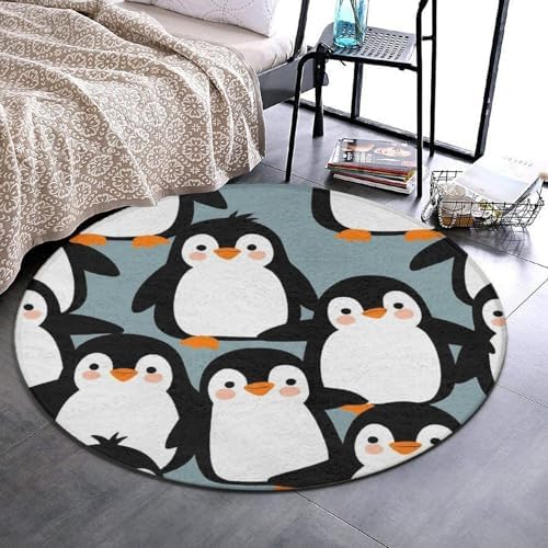 Women's Large Home Decor Mat, Soft Round Yoga Carpet, Non Slip Machine Washable Home Office Circle Rug Cute Penguins