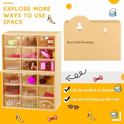 Wenqik 2 Pcs Mini Storage Drawers with 9 Clear Drawers, Yellow