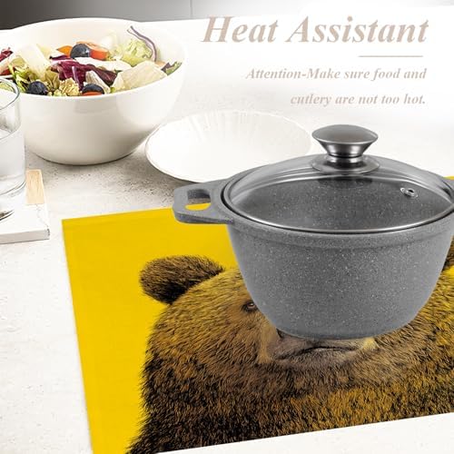 Shrahala Cute The Bear in Mineral Yellow Placemats, Bear Face Yellow Background Table Mat Linen Burlap Washable Double-Deck Heat Insulation for Dining/Kitchen Table Set of 4 (12 x 18 inch)