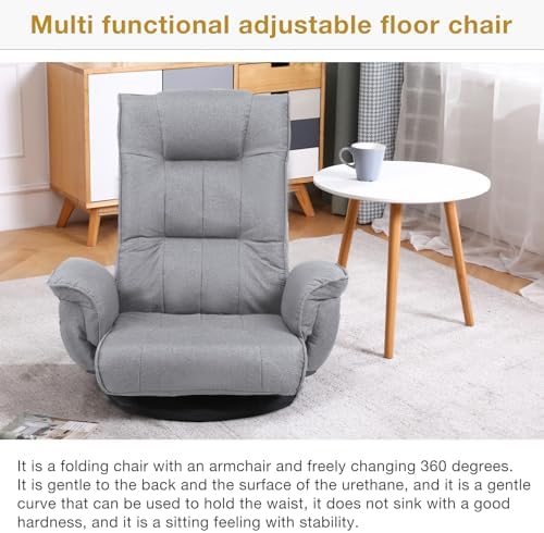 Ergonomic Swivel Floor Gaming Chair with Armrests & Side Pockets, 6-Position Reclining Sofa Bed, Foldable Padded Lounger with Thick Cushion & Lumbar Support for Esports, Reading, TV Watching, Beige