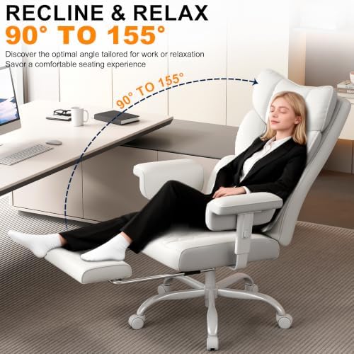 Misolant Big and Tall Office Chair with Footrest, High Back Executive Desk Chair with Adjustable Lift Armrest, 155°Recline，Lumbar Support Pillow, Faux Leather Gaming Chairs for Home All White