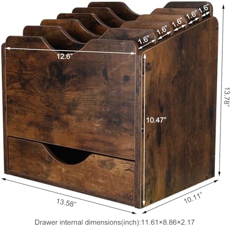 PAG-Mass Wood Desktop File Holder Organizer Mail Sorter with Drawer, for File Folders, Mails, Envelopes, Mailing Supplies or Magazines, 6 Compartments, Antique Brown