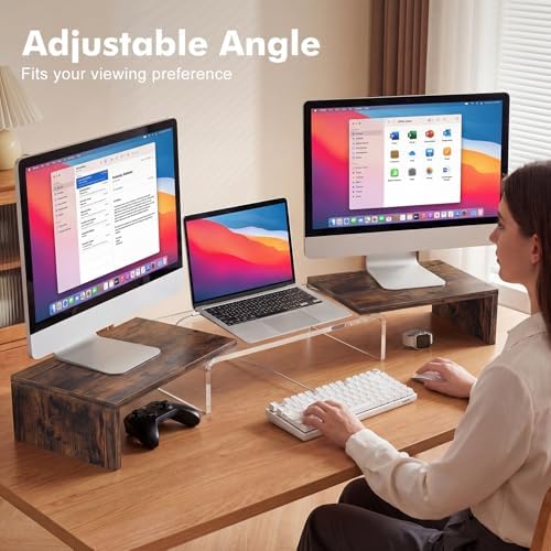 Dual Monitor Riser, Acrylic Monitor Riser with Keyboard Storage, Adjustable Angle & Length Computer Monitor Stand, Wide Desk Shelf for Top of Desk for Home Office_Wood Look