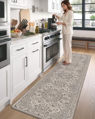 DEXI Kitchen Floor Mats Cushioned Anti Fatigue Runner 24x107 Beige Grey