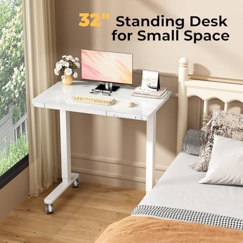 32" Glass Standing Desk with Drawer, Small Electric Desk