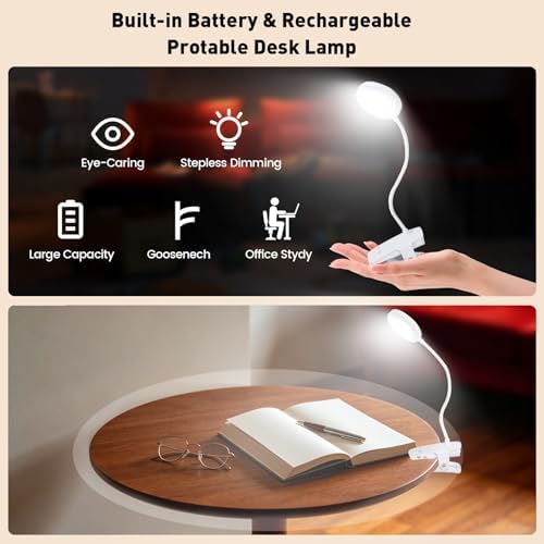 Cordless Rechargeable Clip On Desk Lamp Thick Flexible 360° Gooseneck