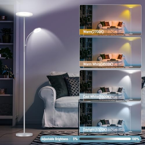 marctronic Silver Gray Floor Lamp, 42W 4000LM Super Bright LED Lamp with Reading Light for Living Room Bedroom Office, Dimmable Standing Lamp with Remote & Touch Control