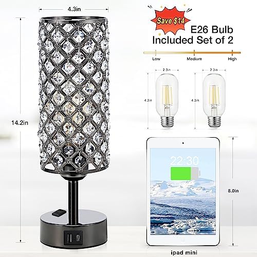 Hong-in Crystal Table Lamp Touch Control Set of 2, 3-Way Black Crystal Lamps with USB C+A Ports & AC Outlet, Dimmable Nightstand Desk Lamps,Modern Bedside Table Lamp for Bedroom(Bulbs Included)
