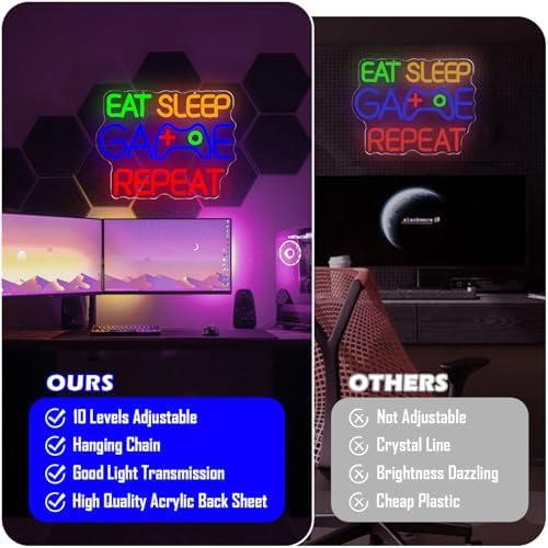 Eat Sleep Game Repeat Neon Sign Gaming LED Sign for Boys Room USB Powered Light Up Gamer Sign Decor for Man Cave Bar Bedroom Gaming Room Neon Wall Art for Men Gifts for Boys