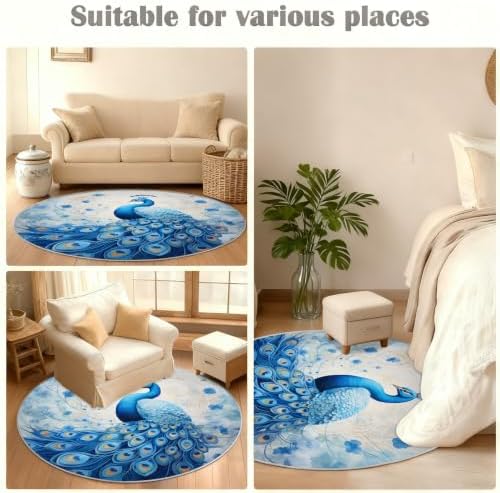 Peacock Round Area Rug - 2.6ft Washable Peacock Round Rug for Kitchen, Abstract Animal Circle Rugs Soft Non-Slip Carpet for Bathroom Entryway Decor Mat