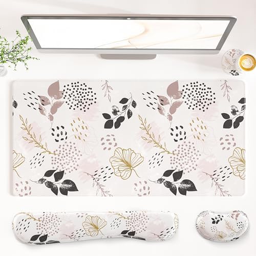 QiyI PU Leather Desk Mat Set, 4-in-1 Ergonomic Wrist Rest, Botanical Leaf