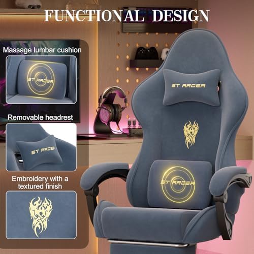 Soontrans Grey Velvet Gaming Chair with Embroidery Design