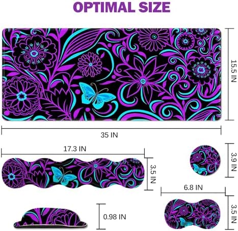 ARTSO Purple Desk Mat, Large Gaming Mouse Pad with Wrist Rest, Flower Butterfly XXL Mousepad+Keyboard Wrist Rest+Mouse Pad Wrist Support+Coaster Set for Home Office Accessories