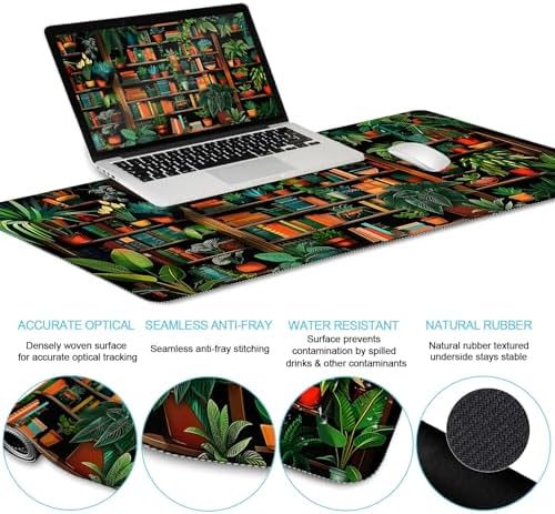 LIMKRIAN Bookshelf Mouse Pad with Wrist Rest, Plant Desk Mat Set Decor