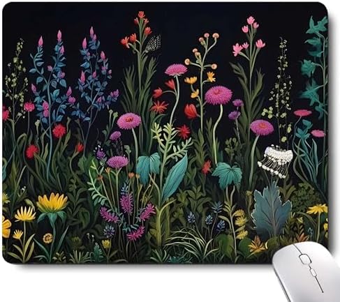 Black Beauty Blue Flowers Plants Mouse Pad,Brightly Colored Unique Design Computer Mousepad with Non-Slip Rubber Base for Women,Washable Mousepads Computer Mouse Pads for Desk Laptop Wireless Mouse