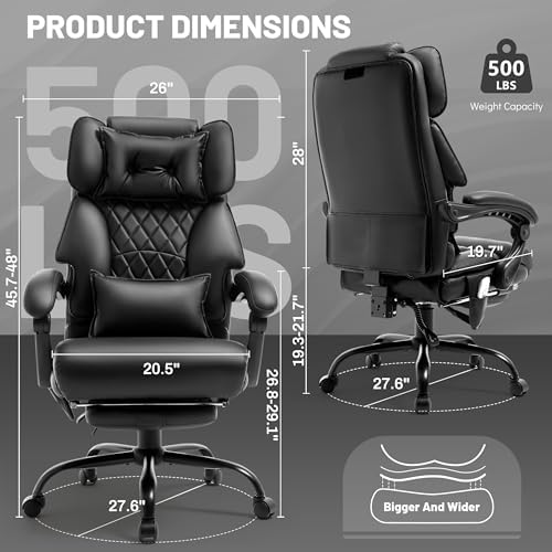 Office Chair with Foot Rest,3D Kneading Massage & Heat Executive Office Chairs for Heavy People,500LBS Big and Tall Office Chair,Ergonomic Reclining Desk Chair,Dual-Use Pillow,Home Office,Black