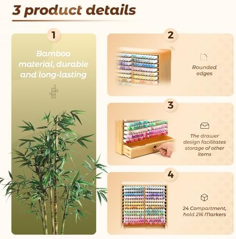 Marker Organizer, 24 Slots Wooden Storage for Up to 216 Markers with Drawer