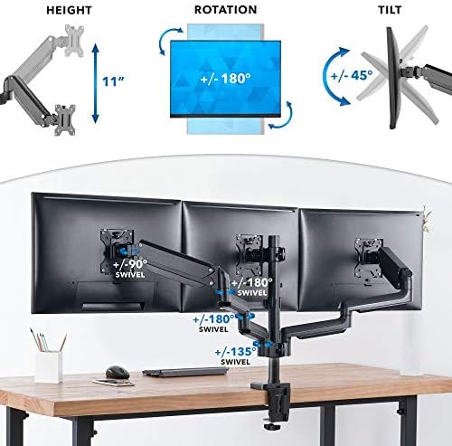 Mount-It! Triple Monitor Desk Mount with Full Motion Arms, 3 Monitor Riser with Gas Spring Arms for 27" Max Computer Screens, Sturdy Dual Clamp Base, Black