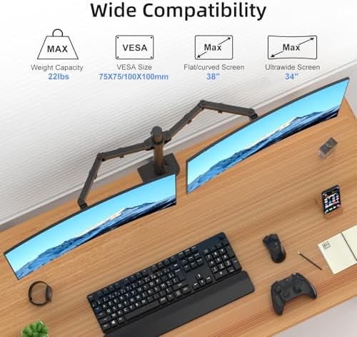 Suptek Dual Monitor Arm Desk Mount,Ultrawide Dual Monitor Arm for 2 Monitor Screens up to 38 inches and Max 22lbs Each,Extra Tall 15.75" Pole Fully Adjustable Monitor Stand for Desk,Black(MD9442MB)