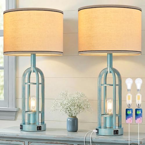SRJJA 24" Farmhouse Table Lamps for Living Room Bedroom Set of 2, USB A+C