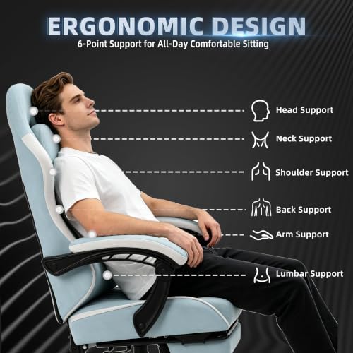 Gaming Chair for Adults, Fabric Gaming Chair with Footrest and Pocket Spring Cushion, Ergonomic Gamer Chair with Lumbar Support, Reclining Computer Gaming Chair with High Back, Blue