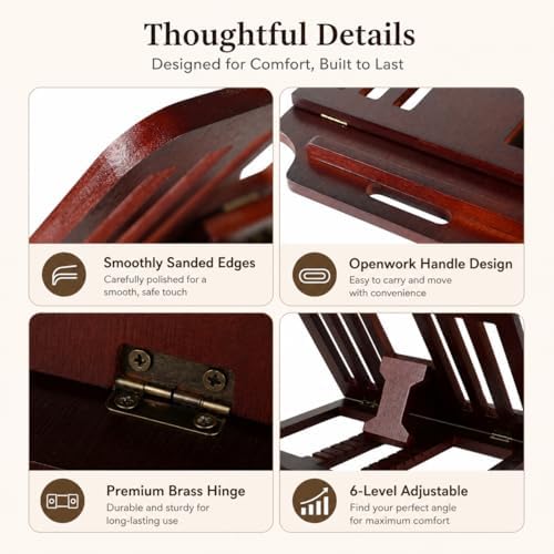 Bamboo Foldable Laptop Stand Holder, 6-Level Adjustable Ergonomic Notebook Riser with Heat Dissipation for 10-17 Inch Laptops, MacBook, Tablet (Dark Brown)