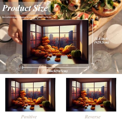 Shrahala Happy Thanksgiving Day Set of 4 12 X 18 Inch Linen Placemats, Pumpkins Floor-to-Ceiling Windows Harvest Burlap Table Mat Washable Double Layered Heat Insulation for Indoor/Outdoor